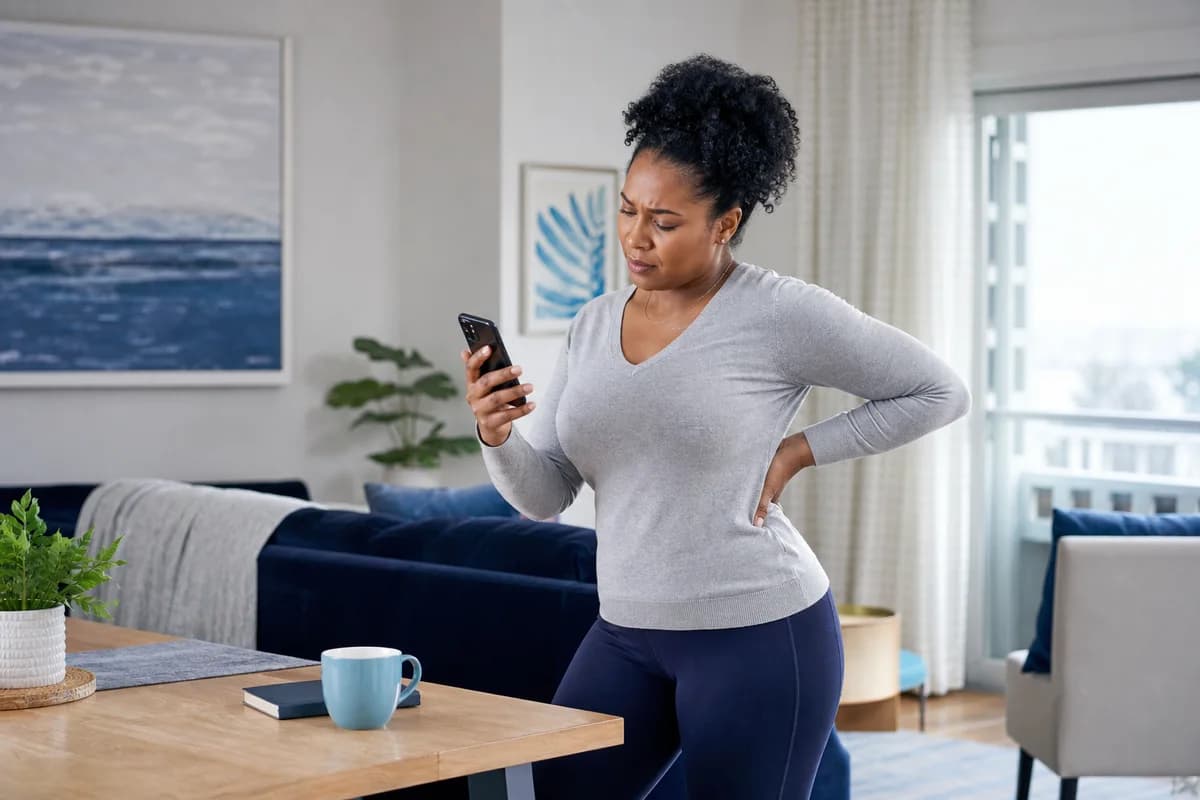 A patient with lower-back pain checking guidance on a smartphone