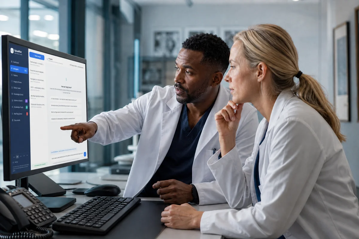 Black and White physicians reviewing spine imaging at a clinical workstation